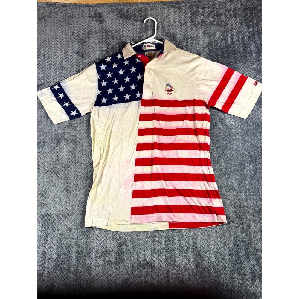 Vintage Antigua Polo Shirt Mens Medium Multi American Flag Enterprise Staff Golf